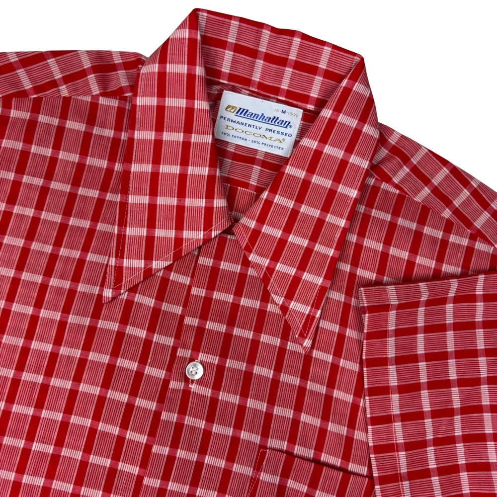 Vintage Manhattan Docoma Red White Plaid Shirt Mens 15 M Perm Press Rockabilly